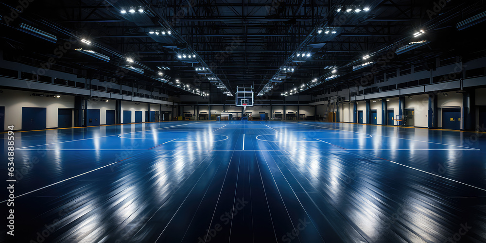Empty Indoor basketball court. Horizontal panoramic wallpaper with copy