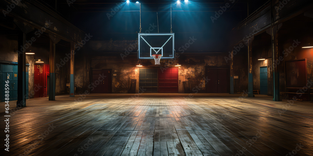 Empty Indoor basketball court. Horizontal panoramic wallpaper with copy