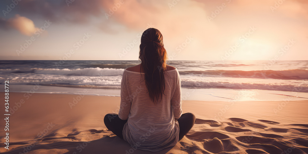 Fototapeta premium Harmonious connection, Meditating woman on beach back view, horizon over the sea. Creative wallpaper with woman meditating in lotus pose in nature. 