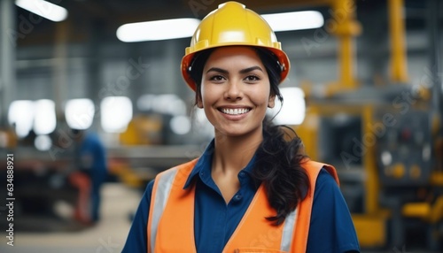 Middle-aged woman smirking in hard hat at construction site