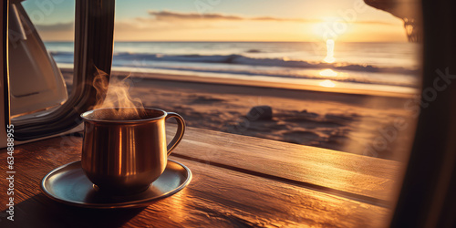 Lifestyle photograph close-up of a steaming coffee. In the window sill of a campervan outside view of a sandy beach lit the morning light