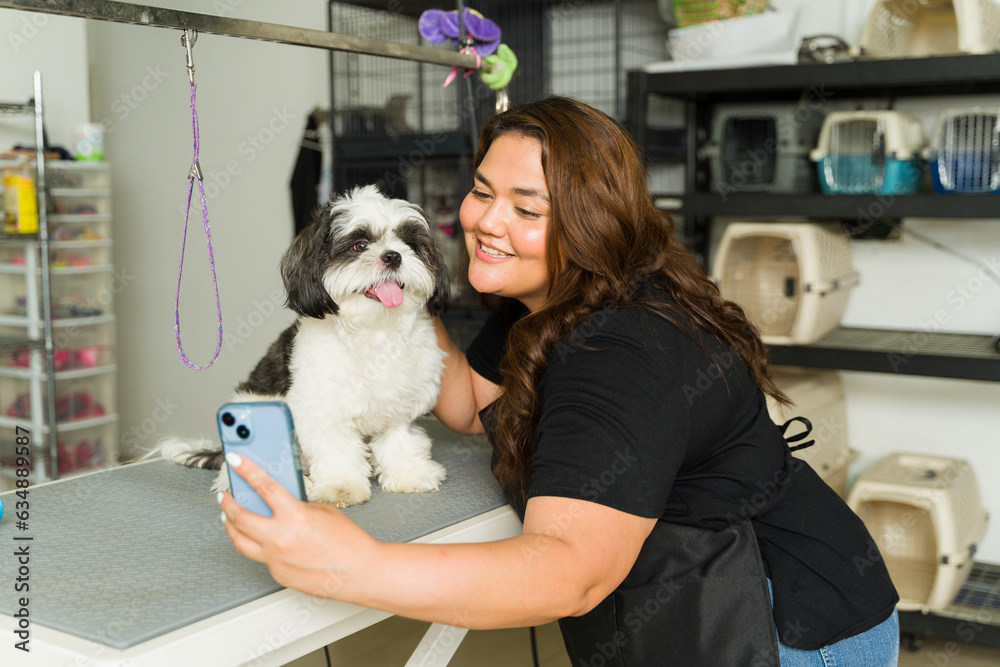 Attractive woman happy working as a pet groomer Attractive woman happy working as a pet groomer