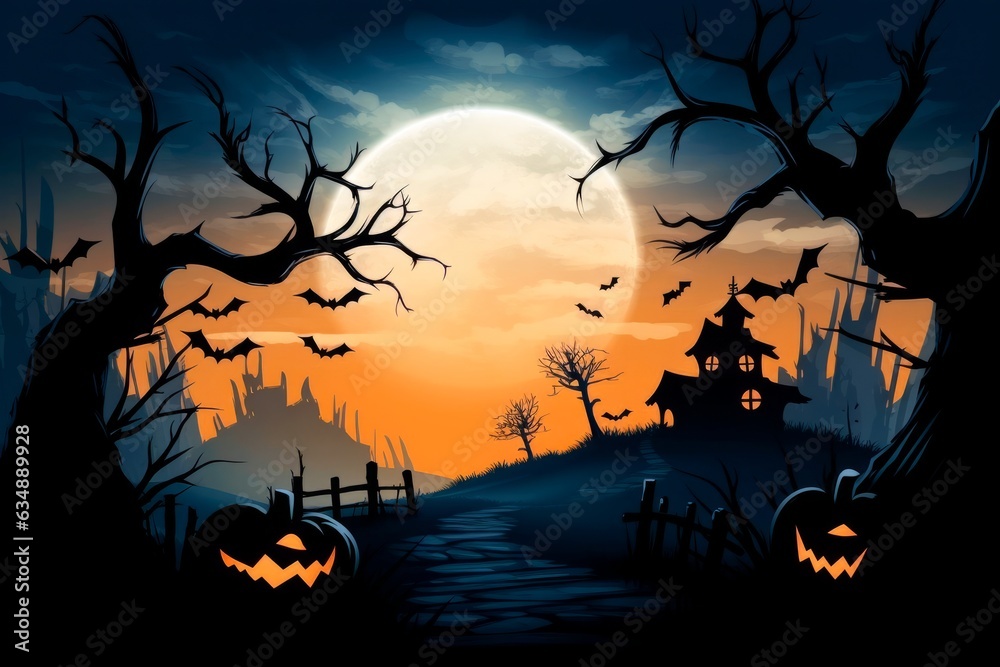 Halloween background with pumpkins, bats in mystical spooky forest. Pumpkin in a Halloween castle on full moon. 