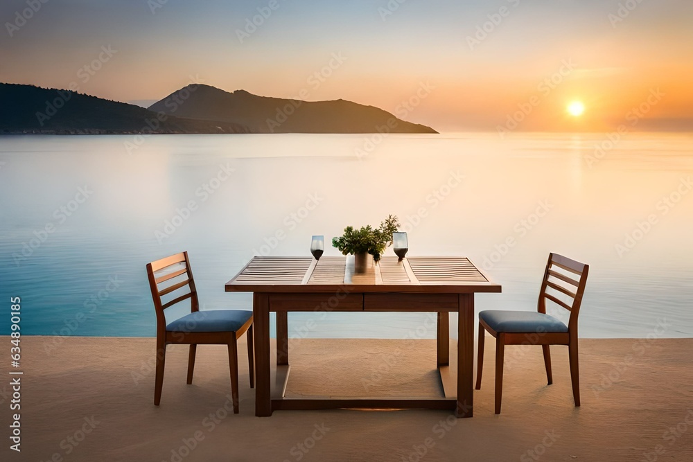 table and chairs on the beach generated by al technology	