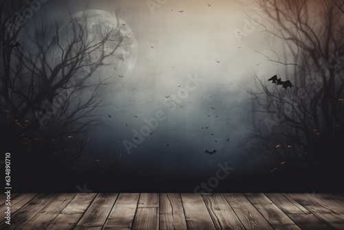 Eerie Forest Halloween Backdrop  Wood Floor with Foggy Moonlit Scene Generative AI