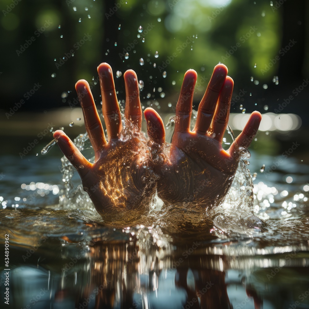 A hand reaching out of the water. Generative AI. A hand reaching out of the water. Generative AI.