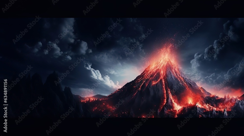Night landscape with volcano and burning lava.