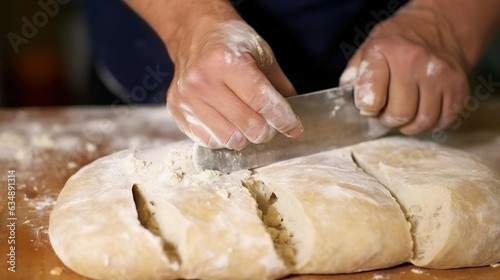 Cutting bread dough closeup