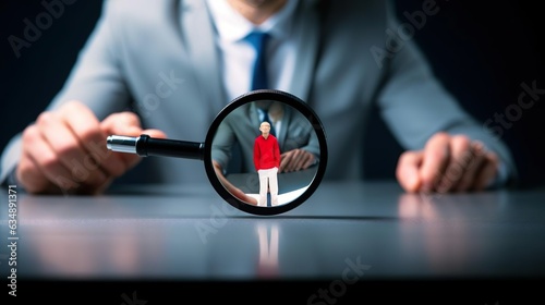 Businessman using magnifying glass look at company