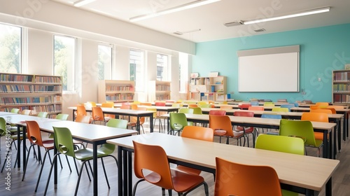 Bright school classroom with all chair facing forwar photo