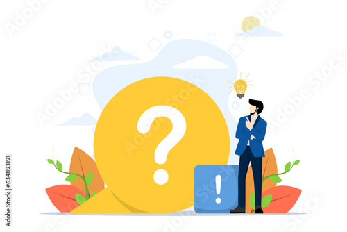 Customer guide concept, useful information, FAQ. The man with the big question mark. Users ask frequently asked questions. Vector illustration in flat design for UI, web banner.