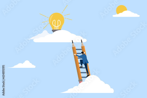 creative idea concept, inspiration or imagination to create new innovative work, opportunity or wisdom, creative businessman climbs a ladder made of pencils above the clouds to find a light bulb idea.