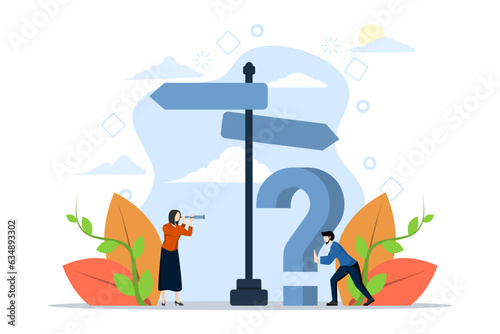 Decision Making Concept Showing confused people trying to decide which direction to go, Suitable for landing page, ui, web, app intro card, editorial, flyer and banner. Flat vector illustration.