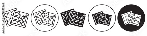 Waffle symbol Icon. Flat outlined bakery salty sweet waffel biscuit. Vector set of crispy cookie for breakfast snack with chocolate syrup