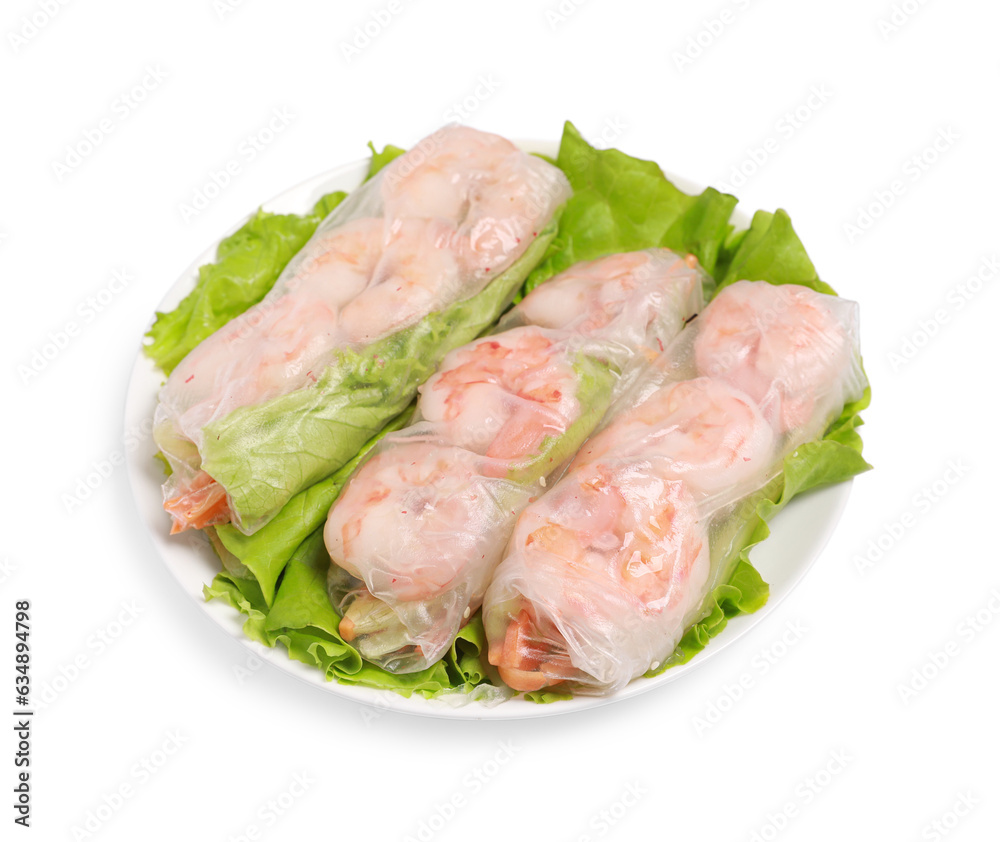 Tasty spring rolls served with lettuce on white background