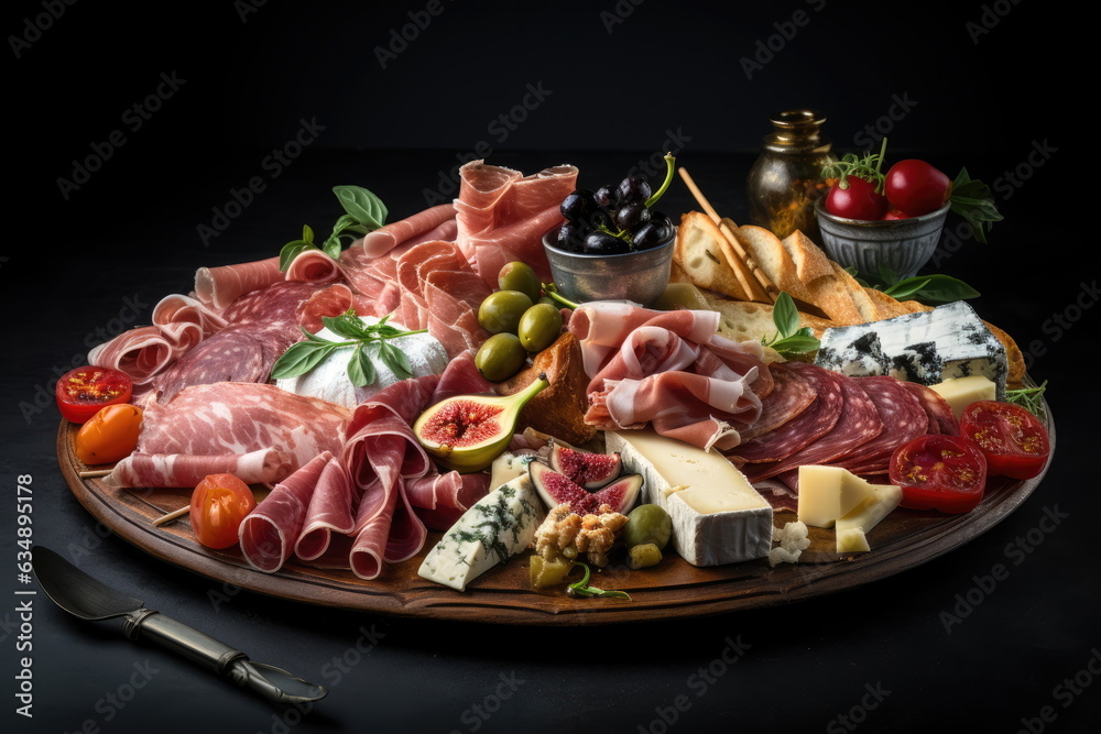 Antipasto platter with ham, prosciutto, salami, blue cheese, mozzarella with pesto and olives on a wood table background