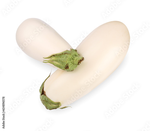 Two white eggplants isolated on white, top view