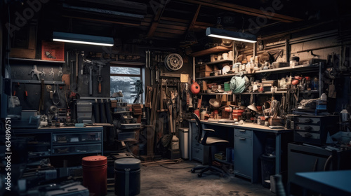 Interior garage with mechanic tools