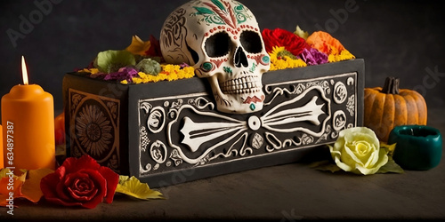 Day of the dead skulls, latin american and mexican celebration, november, image created with AI photo