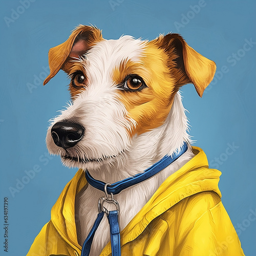 A long haired jack rusell terrier wearing a yellow raincoat photo