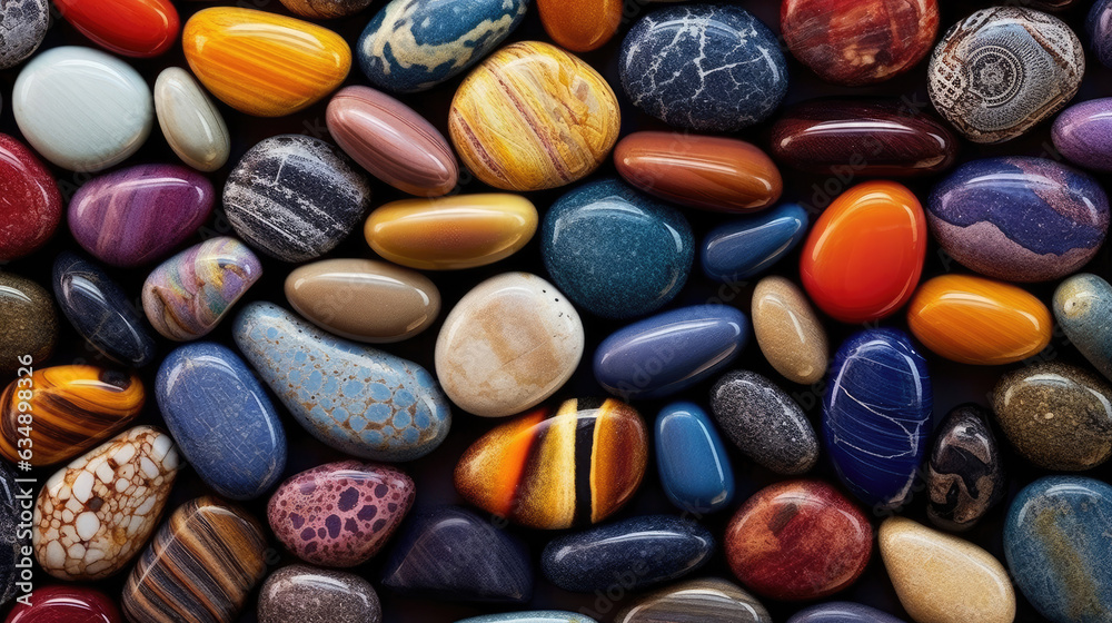 A collection of different colored stones arranged in an artistic pattern A collection of different colored stones arranged in an artistic pattern