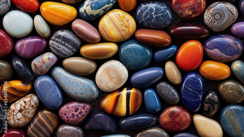 A collection of different colored stones arranged in an artistic pattern