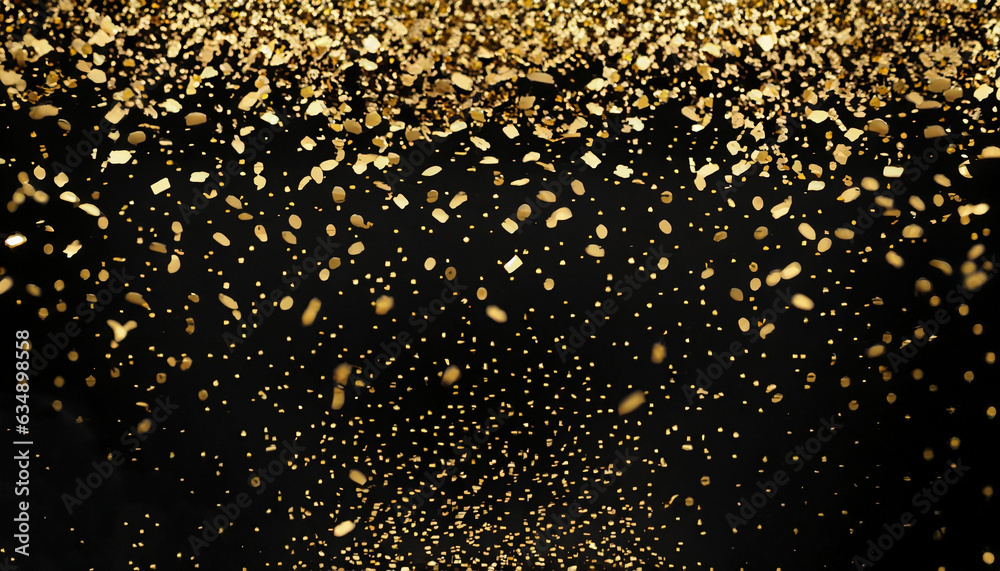 raining gold confetti isolated on black, party background concept with copy space for award ceremony, New Year's Eve and jubilee