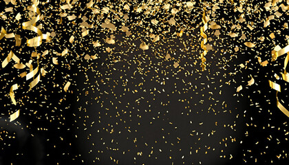 raining gold confetti isolated on black, party background concept with copy space for award ceremony, New Year's Eve and jubilee