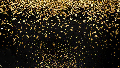 raining gold confetti isolated on black, party background concept with copy space for award ceremony, New Year's Eve and jubilee