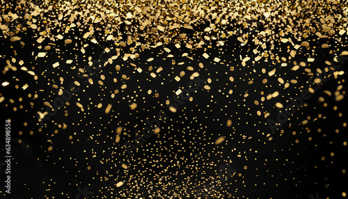 Fotografia raining gold confetti isolated on black, party background concept with copy spac