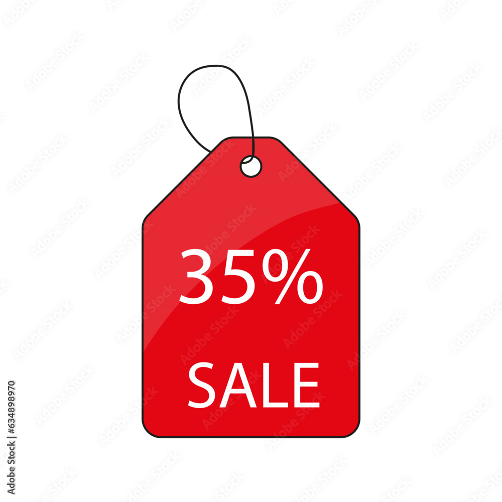 Red price tag label with 35 percent sale. Vector illustration. EPS 10.