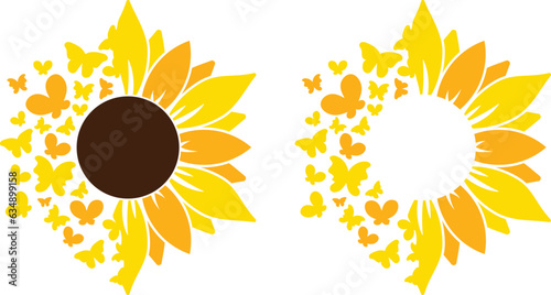 Sunflower butterfly. Sunflower breaking apart into butterflies decorative graphic. Blossom of pretty butterflies. 