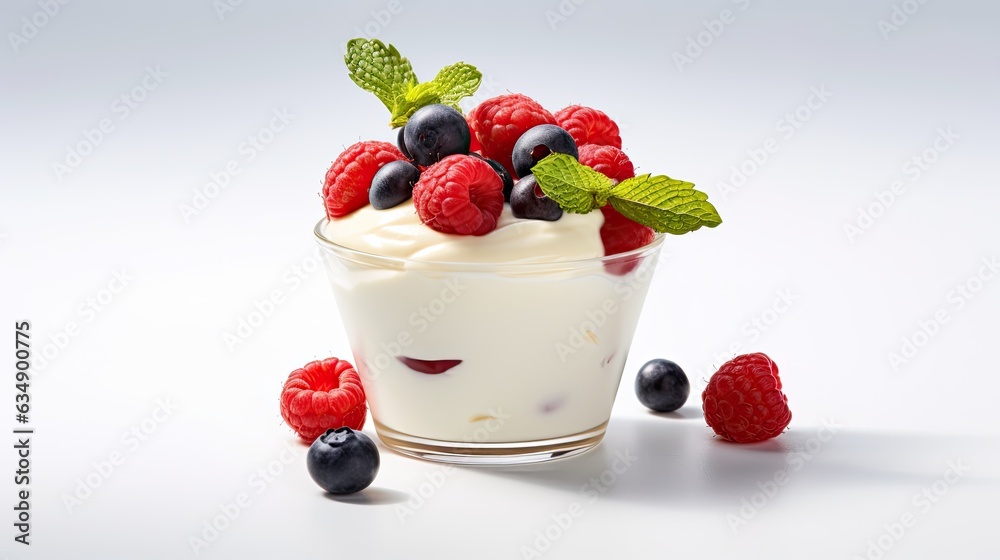 Image of a single serving of Greek yogurt topped with honey and mixed berries, presented elegantly against a white background. Image of a single serving of Greek yogurt topped with honey and mixed berries, presented elegantly against a white background.