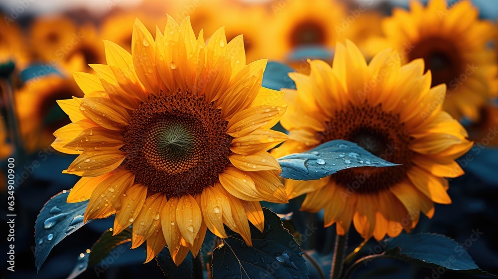 Fototapeta premium Image of a sunflower field bathed in golden sunlight.