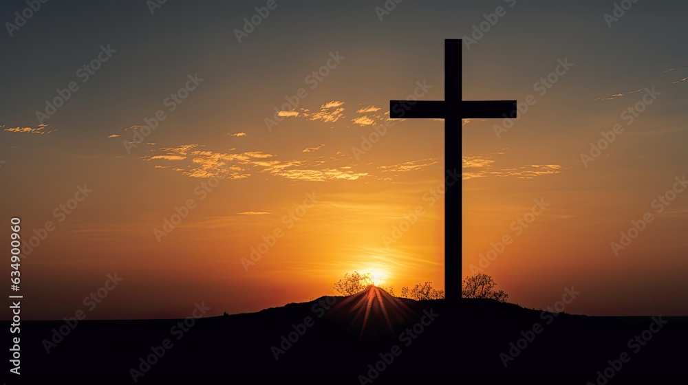Image of a solitary cross religious symbol silhouetted against a glowing sunset sky.