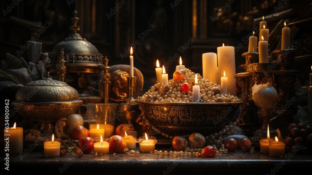 Image of a sacred altar, adorned with religious artifacts, candles, and offerings. Image of a sacred altar, adorned with religious artifacts, candles, and offerings.