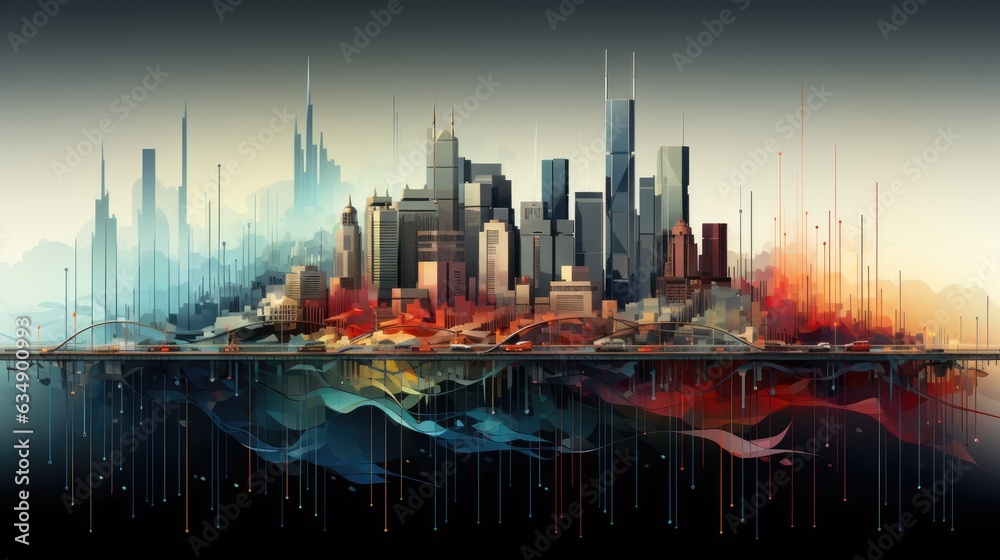 Illustration of an abstract city with skyscrapers on a light background.