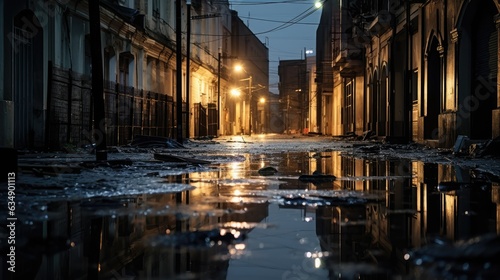 View of a flooded city street after a heavy rain.