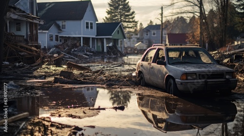Image capturing the aftermath of a destructive flood, with muddy waters receding to reveal submerged homes and vehicles. © kept