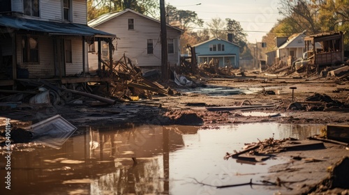 Image capturing the aftermath of a destructive flood, with muddy waters receding to reveal submerged homes and vehicles.
