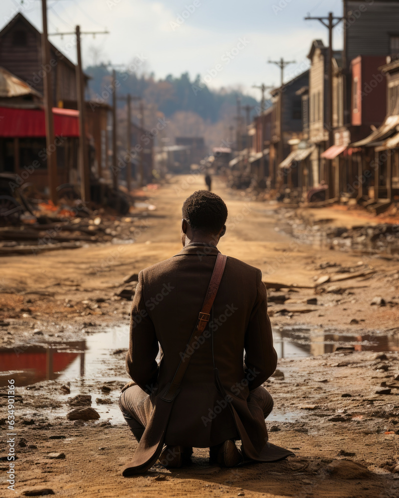 An African American man standing at the crossroads of an old and abandoned mining town his hands steadfastly p on his hips as he surveys