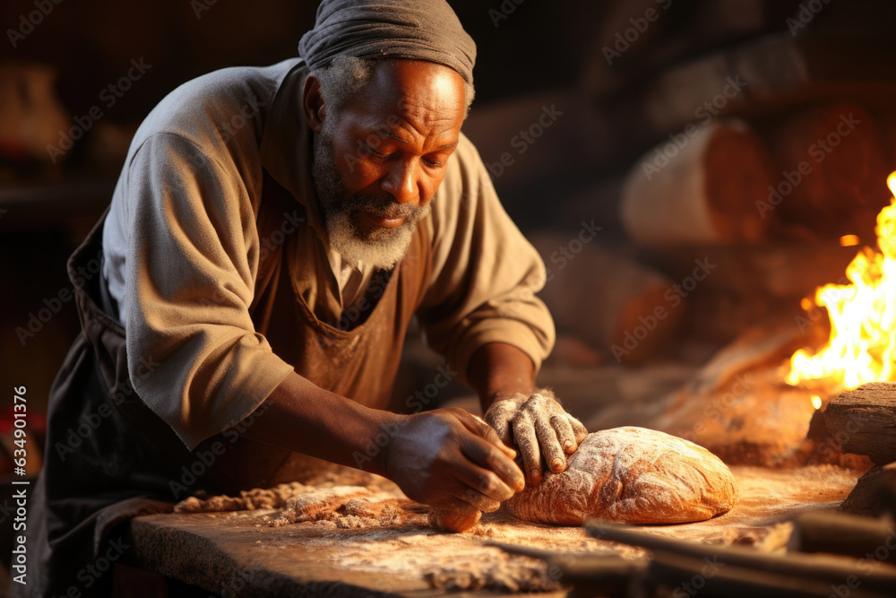 A Somalian man kneels at a bread oven absently brushing a thin layer of flour off the kneaded dough before placing it in the flames