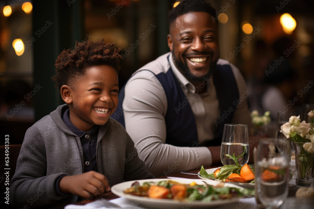 A Black African father teaching his son how to properly perform formal dining etiquette his wife smiling proudly from the other side