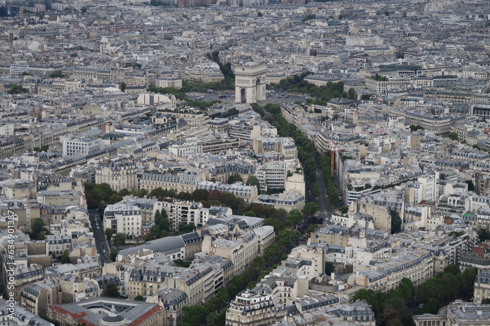 view of  Paris from the Eiffel tower with the arch of Triumph