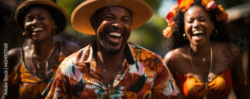 Three African friends jump for joy at the entrance of an amut park each wearing fun tropical patterned shirts and a sunhat their collective