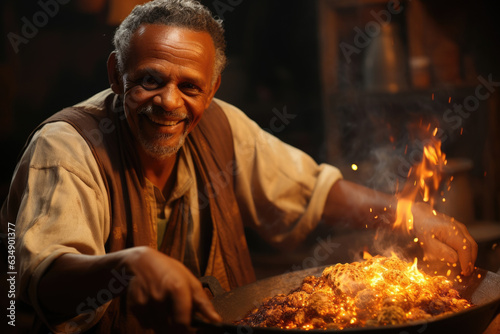 An Ethiopian man overturns a sizzling panful of eladen couscous his dignified face illuminated by the warm orange glow of the kitchen photo