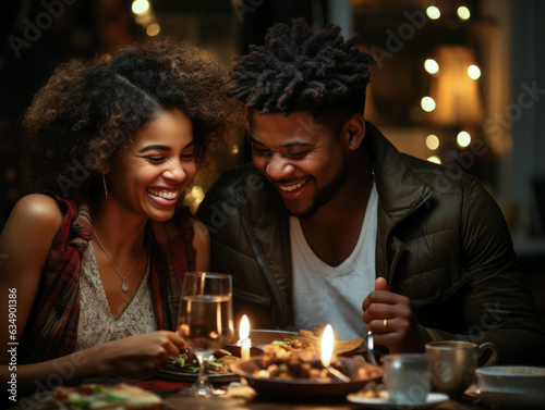 An intimate scene of two Black African friends eating dinner and talking at the dining table a lowlit candle illuminating the space