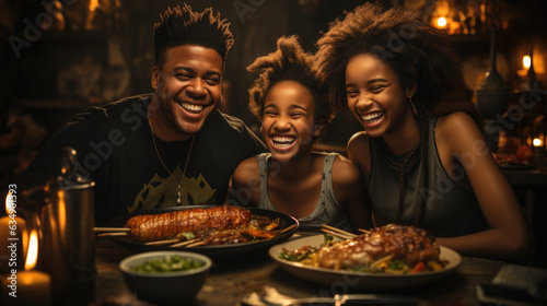 Three Black African siblings sharing a meal at the dining table laughing and joking over plates of individually prepared dishes.