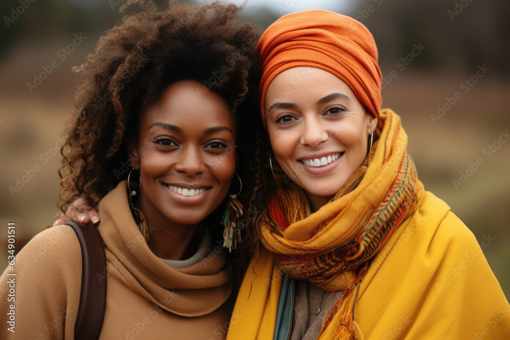 A powerful image of a Black woman with arms extended while two other women stand lovingly in an embrace at her side. Her open heart A powerful image of a Black woman with arms extended while two other women stand lovingly in an embrace at her side. Her open heart