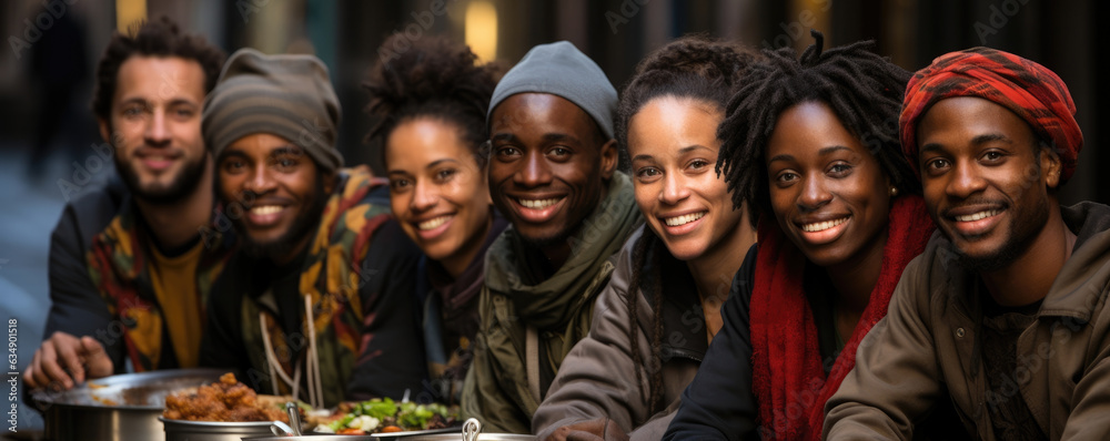 Africandescended men and women in bright matching shirts are surrounded by homeless people on the streets. They are handing out food Africandescended men and women in bright matching shirts are surrounded by homeless people on the streets. They are handing out food